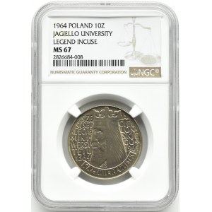 Polsko, PRL, 10 zlotých 1964, Kazimierz Wielki - konkávní, Varšava, NGC MS67