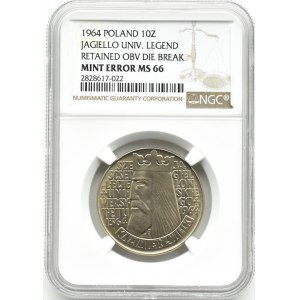 Poľsko, PRL, 10 zlotých 1964, Kazimierz Wielki - reliéf, Varšava, NGC MS66