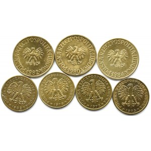 Polen, PRL, Lot von 7 geprägten Messingmünzen, Warschau, UNC