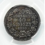 Mikuláš I., 20 kopějek/40 grošů 1850 MW, Varšava, PCGS AU58+