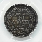 Mikuláš I., 20 kopějek/40 grošů 1850 MW, Varšava, PCGS AU58+