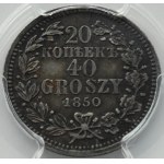 Mikuláš I., 20 kopějek/40 grošů 1850 MW, Varšava, PCGS AU58+