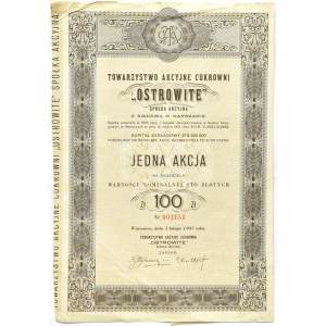 OSTROWITE, Sugar Mill Joint Stock Society for 100 zlotys 1937