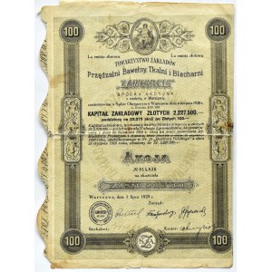 ZAWIERCIE, pradiareň bavlny, tkáčovňa a becherovka, emisia I, 100 zlotých 1929