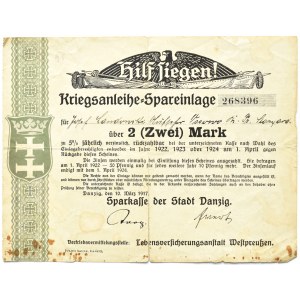Obligacja Wojenna na 2 marki z 1917, Sparkasse miasta Gdańska, rzadkie