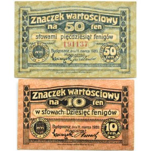 Bromberg/Bydgoszcz, lot znaczków wartościowych 10, 50 fenigów 1920
