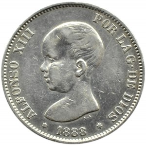 Španělsko, Alfonso XIII, 5 pesetas 1888 M, Madrid