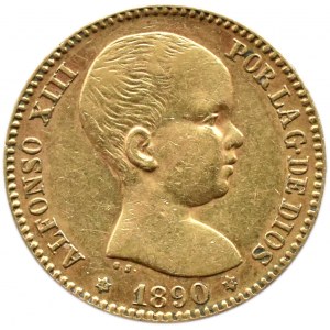 Španělsko, Alfonso XIII, 20 pesetas 1890, Madrid, OLD BITS