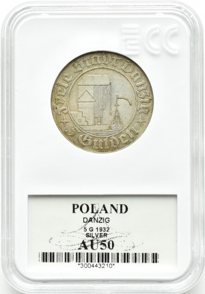 Wolne Miasto Gdańsk, 5 guldenów 1932, Żuraw portowy, Berlin, GCN AU50