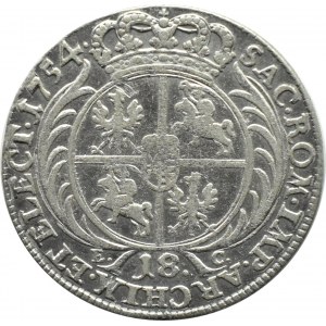 August III Sas, ort (18 groszy) 1754 E.C., Lipsk, większe popiersie