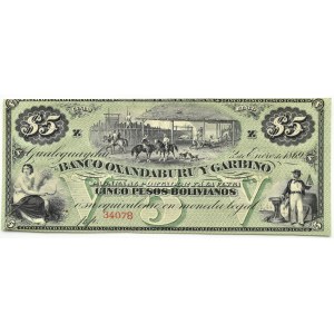 Argentyna, Banco Oxandaburu y Garbino, 5 pesos bolivianos 1869, UNC