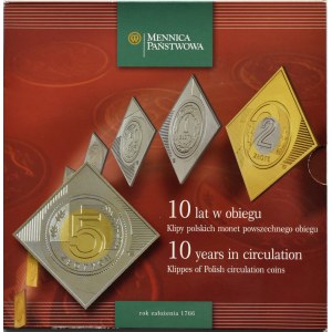 Klipy polskich monet obiegowych - 10 lat w obiegu z certyfikatem nr 2396, UNC