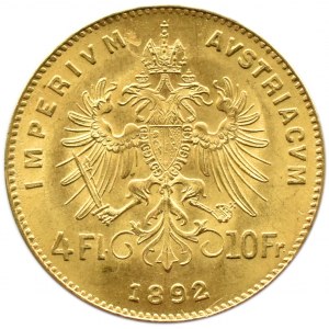 Rakousko-Uhersko, František Josef I., 10 franků/4 florény 1892, Vídeň, UNC-.