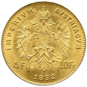 Austro-Węgry, Franciszek Józef I, 10 franków/4 floreny 1892, Wiedeń, UNC-