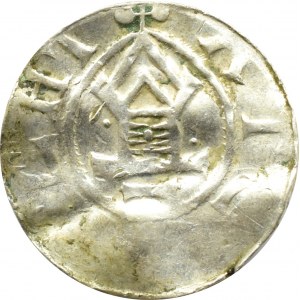 Denar krzyżowy XI w., krzyż prosty ODDO, kapliczka z krzyżem, 3 kulki