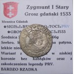 Zikmund I. Starý, groš 1533, Gdaňsk PRV VELMI ZRADKÉ (41)