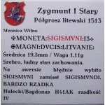 Zikmund I. Starý, půlgroš 1513, Vilnius SIGISMVNI VELMI ZRADKÉ (57)