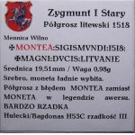 Zikmund I. Starý, půlgroš 1518, Vilnius MONTEA VELMI RARITNÍ (60)