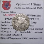 Zygmunt I Stary, półgrosz 1518, Wilno MONTEA BARDZO RZADKI (60)