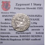 Zikmund I. Starý, půlpenny 1521, Vilnius VELMI ZRADKÉ (65)