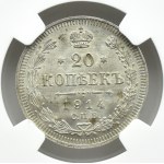 Rosja, Mikołaj II, 20 kopiejek 1914 BC, Petersburg, NGC MS65