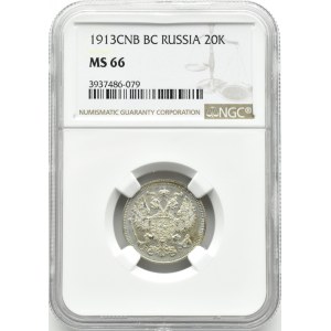 Rusko, Mikuláš II, 20 kopějek 1913 př. n. l., Petrohrad, NGC MS66