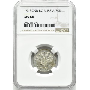 Rosja, Mikołaj II, 20 kopiejek 1913 BC, Petersburg, NGC MS66