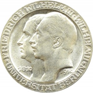 Německo, Prusko, Wilhelm II, 3 značky 1910 A, Berlín, 100. výročí Berlínské univerzity, UNC