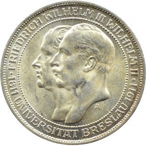 Deutschland, Preußen, Wilhelm II, 3 Mark 1911 A, Berlin, 100-jähriges Jubiläum der Universität Breslau, UNC