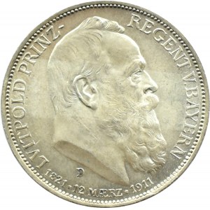 Niemcy, Bawaria, Luitpold 3 marki 1911 D, Monachium, UNC