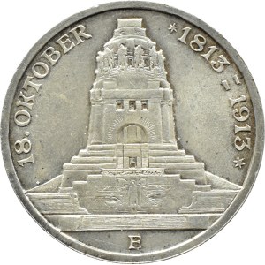 Niemcy, Saksonia, 3 marki 1913 E, 100-lat bitwy pod Lipskiem, Muldenhütten, UNC