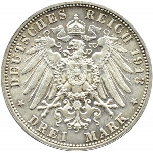 Niemcy, Saksonia, 3 marki 1913 E, 100-lat bitwy pod Lipskiem, Muldenhütten, UNC