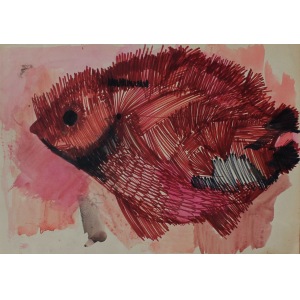Barbara Jonscher (1926-1986), Brązowa ryba na różowym tle(na odwrociu szkic kobiecej głowy)