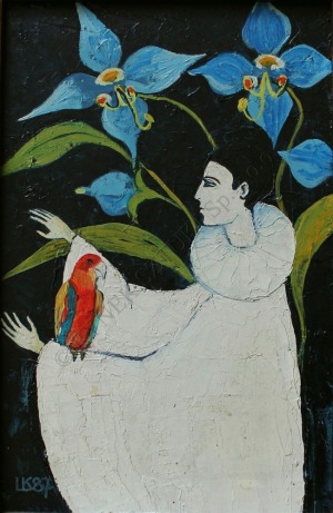 Krystyna Liberska (1926-2010), Pierrot z papugą(1987)