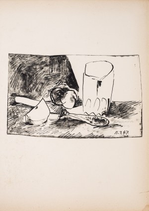 Pablo Picasso, Pommes, verre et couteau , 1957