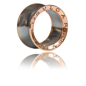 Pierścionek markowy BVLGARI w stali i różowym złocie