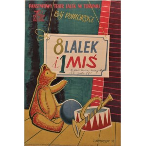 Plakat teatralny 8 lalek i miś Państwowy Teatr Lalek w Toruniu Projekt Z. Kotlarczyk (1952)