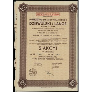 Polska, 5 akcji po 250 złotych = 1.250 złotych, 1937, Warszawa