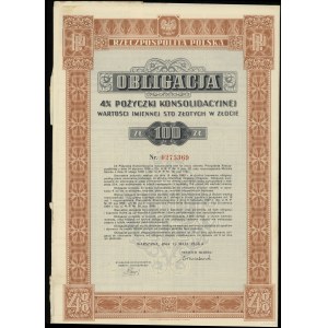 Rzeczpospolita Polska (1918-1939), obligacja 4 % pożyczki konsolidacyjnej na 100 złotych w złocie, 15.05.1936, Warszawa