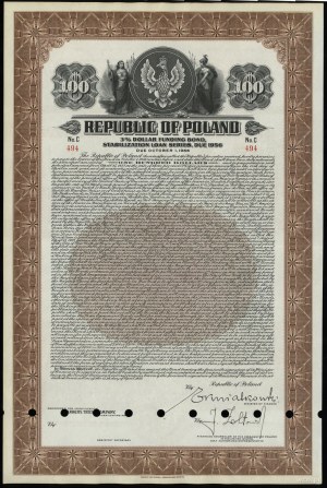 Rzeczpospolita Polska (1918-1939), 3 % obligacja na 100 dolarów w złocie, z roku 1937 płatna do 1.10.1956 r.