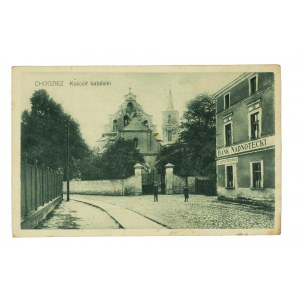 CHODZIEZ Catholic Church / building with signboard of Nadnotec Bank and Nadnotec Printing House, circulation, mailed 20.8.1929.