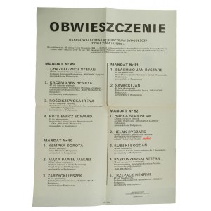 Announcement of the District Election Commission in Bydgoszcz dated May 11, 1989, candidates for deputies, electoral district 13.