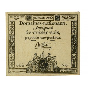 Asygnata na 15 soli wystawiona przez Republikę Francuską w okresie Wielkiej Rewolucji Francuskiej na podstawie prawa z dnia 23 maja 1793r.,