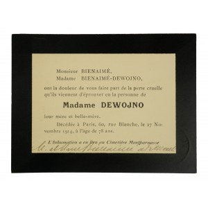 Madame DEWOJNO [1836-1914], na druku nekrologu, rękopis z kondolencjami, j. francuski