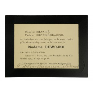 Madame DEWOJNO [1836-1914], on obituary printing, manuscript with condolences, French.