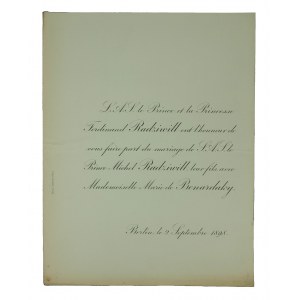 Heirat von Michał Radziwill (Pater Michel Radziwill), genannt Rudy, Wappen von Trąby, Herzog, IV. Ordinariat von Przygodzice [1870-1955] und Maria Nikolaevna de Benardaky [erste von drei Ehefrauen], 2. Oktober 1898