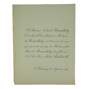 Heirat von Maria Nikolajewna de Benardaky [die erste von drei Ehefrauen] und Michal Radziwill (P. Michel Radziwill), genannt Rudy, Wappen von Trąby, Fürst, IV. Ordinariat von Przygodzice [1870-1955] 2. Oktober 1898