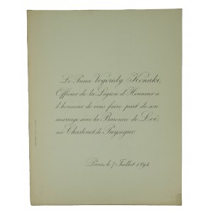 Ślub książę Vogoridy KONAKI oficer Legii Honorowej i baronowa de Loe, z domu Chastenet de Puysegur, 7 lipca 1894 roku