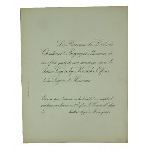 Hochzeit von Baronin de Loe, geb. Chastenet de Puysegur und Prinz Vogoridy KONAKI Offizier der Ehrenlegion, Juli 1894