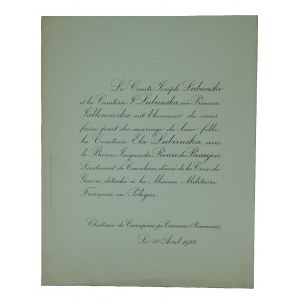 Ślub Ela Lubienska i baron Jacques du Roure Beaujeu, porucznik kawalerii, odznaczony Krzyżem Wojennym, oddelegowany do Francuskiej Misji Wojskowej w Polsce, 30 kwietnia 1923 roku